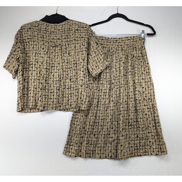 Vintage Leger Tan Black Abstract Grid Print Shirt and Midi Skirt Set Size 5/6 - Picture 2 of 11